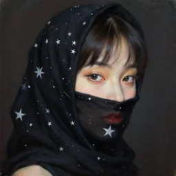 hyperrealism oil painting, close - up portrait fashion model, face is wrapped in a black scarf made of stars, soft light, dark background, in style of classicism mixed with 8 0 s japanese sci - fi books art