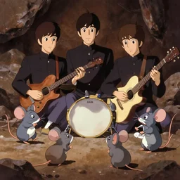 mice playing in a rock band dressed as the beatles, beautiful, dreamlike, wholesome, ghibli and disney animation, sharp, intricated, art by ken anderson and mel shaw, 7 0 s, dramatic lighting, brown palette,