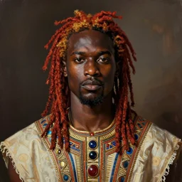a professionally painted african male model , clothed in ancient street wear, dark skin, reddish gold dreadlocks hair, beautiful bone structure, symmetrical features, stunningly, beautiful, intricate, elegant, digital painting, smooth, sharp focus, illustration, made by Kehinde Wiley, Kara Walker, Jacob Lawrence, Sam Gilliam, Edmonia Lewis,
