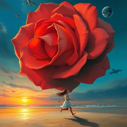 portrait, giant rose flower head, girl running at the beach, surreal photography, sunrise, blue sky, dramatic light, impressionist painting, digital painting, artstation, simon stalenhag