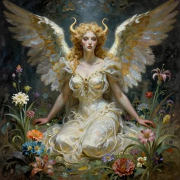 an alien queen Angel in a bed of   extraterrestrial flowers by Giger and Alphonse Mucha