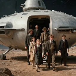 detailed, 70mm film still from a sci fi blockbuster movie made in 2022, set in 1860, of a family leaving a spaceship, that has just landed on an alien planet, wearing 1850s era clothes, good lighting, 4k, HD, in focus