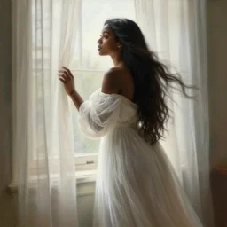 a beautiful young black woman with long flowing hair in a flowing white gown in looking out a window through gauzy curtains, highly detailed painting by gaston bussiere, craig mullins, j. c. leyendecker 8 k