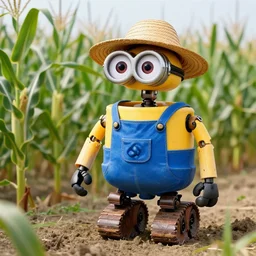 a photo of farming droid wearing a straw hat blue overalls in the corn field, robots, humanoid, chappie, farming, photorealistic, 8 k