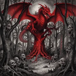 detailed landscape of a forest in hell by leonardo da vinci, hell, dragons in the sky!!, red and black!!, big trees with faces!!, scary faces,, faces screaming in the ground!!, night sky, highly detailed, cgsociety, artstation, pencil and ink, very detailed
