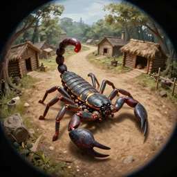 a detailed beautiful matte painting of a cyborg scorpion, glowing inside, in a pilgrim village setting, log homes, dirt road, trees by Mikko Lagerstedt and Raphael Lacoste, fisheye lens