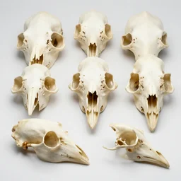 variety of bird heads made of bone structure, with diapsid with a pre - lachrymal fossa, a single occipital condyl, macro photograph by naturalist museum