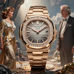 fashion dreamy digital reference of luxury watch patek philippe nautilus, krenz cushart peter mohrbacher norman rockwell michael cheval gerald brom alphonse mucha beautiful detailed watch futuristic attire, french wave