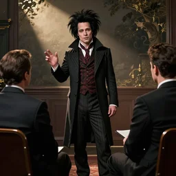Brad Pitt dressed as Sweeney Todd in a job interview with Tommy Wiseau in the style of by William Adolphe Bouguereau