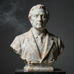 marble statue of viktor orban, studio photography, dark grey background, dramatic lighting, gentle smoke effect, photo courtesy museum of art