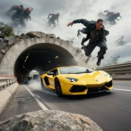 ultra realistic god driving a lamborghini in the holland tunnel, smiting heathens from heaven, from the perspective of a rock, after the slapping of will smith