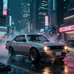 LJ GTR XU1 Torana, Futuristic Asian city at night with rain, Cyberpunk style, Neon lights, Matte paiting, cinematic lighting, corona render, smoke, light rays, 8k