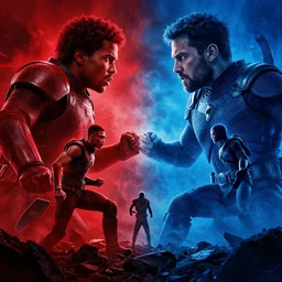 a mindblowing, epic movie poster, depicting a war between red and blue, cinnematic