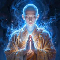 a portrait fantastical glowing bald young monk made of blue aura and energy illustrated by artgerm and greg rutkowski
