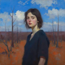 a portrait of a female character on an arid forest, blue sky, clouds, vivid colors, soft lighting, atmospheric, cinematic, moody, in the style of ilya kuvshinov and range murata, krenz cushart, rule of thirds, oil on canvas, 8 k