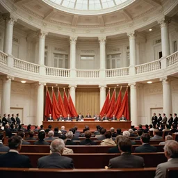 60s movie still of a CCCP congress in a stanilist style palace interior, by Irving Penn , cinestill 800t 35mm eastmancolor, heavy grainy picture, very detailed, high quality, 4k, HD criterion, precise texture
