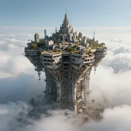 ancient hi tech superstructure standing above the clouds with an abandoned city on top, photograph, derelict, hyperrealism,