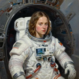 a realistic oil painting of a girl resembling alicia vikander or millie bobby brown wearing a spacesuit in a futuristic mechanical spaceship engine, highly detailed, intricate, artstation, by donato giancola