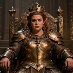 portrait, chubby female dwarf queen, bronze dwarven breastplate, elaborated braided hair, regal and proud robust woman, bold serious expression, style by donato giancola, wayne reynolds, jeff easley dramatic light, high detail, cinematic lighting, artstation, dungeons and dragons, throne room,