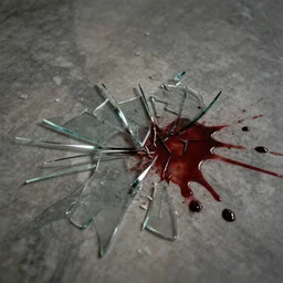 broken glass shards on a marble floor, blood, horror movie still