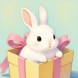 illustration of a cartoonish white rabbit in a gift box, pastel colors, painting, shading, by john avon, detailed fur