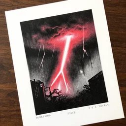 something truly evil, noir style, thunderstorm, red highlighter risograph print