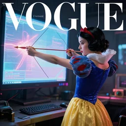 snow white shooting arrows at the screen, robopunk, cover of vogue magazine