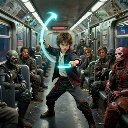 movie villain, actor david patrick kelly, 2 5 years old, practicing with his glowing nunchucks while riding a post apocalyptic subway train filled with mutants, movie dreamscape