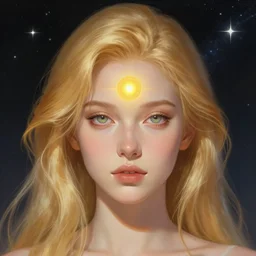 portrait of a beautiful golden haired girl with open third eye spiritual art, third eye, attractive sci - fi face, space background, breathtaking stars, elegant, highly detailed, digital painting, artstation, concept art, smooth, sharp focus, illustration, art by artgerm and greg rutkowski and alphonse mucha