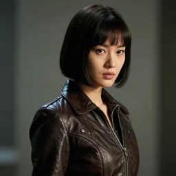 moody, youthful asian blade runner demure, 3 5 mm, exquisite features, feminine cut, leather suit, roger deakins