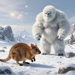 Intricate detailed illustration, quokka attacking a yeti, by Dougal Dixon, tundra, wide angle, volumetric light scattering, 8k, artstation, concept art,