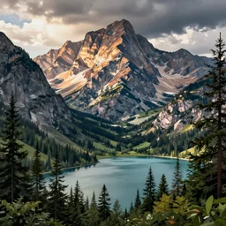 mountains, trees, and lake, in the style of the far side ( print comic )