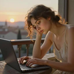 sunrise on the balcony. a tired young woman with messy hairstyle is typing on her laptop. sunlight is beautifully lighting the face. depth of field, in the sun, backlit, closeup, oil on canvas, art by botticelli 1 4 9 9, in the style of the birth of venus, smooth, renaissance, florentine painting, 8 k