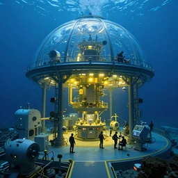 underwater research facility built under glass blue dome, yellow light, people working around, big buildings, machines, technologies, hyperdetailed, artstation, cgsociety, 8 k