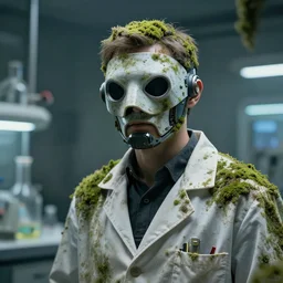 a beautiful realistic man wearing a futuristic mask and a lab coat, lab covered in mold and moss, science fiction, photorealistic, octane render, volumetric lighting,