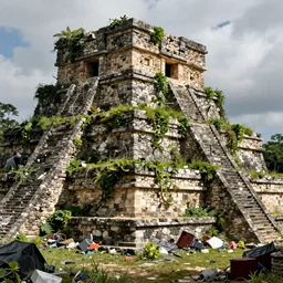 Highly detailed exterior of overgrown mayan ruins, creeping vegetation, post apocalyptic, rubbish dump, hyperdetailed, artstation, cgsociety, by greg rutkowski, by Gustave Dore