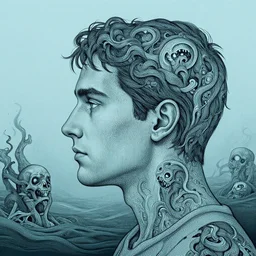 side profile of man with horrors in ocean with intricate details by Sandra Chevrier