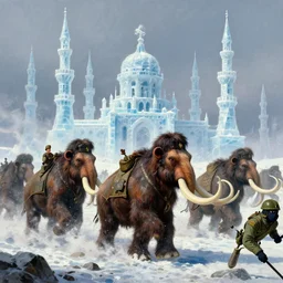 army on mammoths heading to war in front of ice minarets in the style of vsevolod ivanov, high quality, trending on artstation,