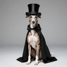 greyhound wearing a black cloak and a top hat under a spotlight, magician dog