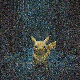 Dimly lit photo of a lone Pikachu standing ominously in the middle of a dark alley at night, scary, horror, deserted
