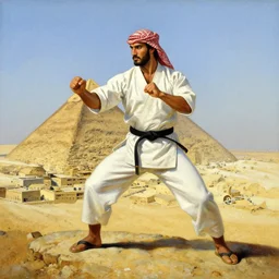 a portrait of an arabic style kung fu - fighter on top of a pyramid overlooking the ancient city painted by anders zorn and norman rockwell