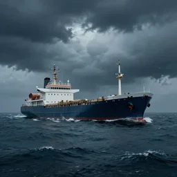 a ship at sea in a storm and an empty sea, fantasy, hyper realistic, dramatic lighting, 8k