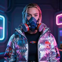 neon operator margot robbie, cyberpunk futuristic neon, respirator, reflective puffy coat, decorated with traditional japanese ornaments by ismail inceoglu dragan bibin hans thoma greg rutkowski alexandros pyromallis nekro rene maritte illustrated, perfect face, fine details, realistic shaded, fine - face, pretty face