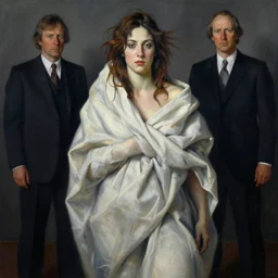 a portrait of a woman draped in fabric by jenny saville and peter mohrbacher and roberto ferri, dramatic, dynamic lighting, sharp focus, motion