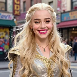 closeup portrait happy beautiful daenerys targaryen with long blonde windblown hair in an ornate royal dress, standing on a street in chinatown, pink lipstick, glamour pose, detailed illustration, digital art, trending on artstation, arney freytag, frank miller, moebius, graffiti,