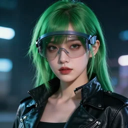 young Asian Cyberpunk woman with green hair, Close up portrait, wearing a leather jacket, visor, hyperdetailed, artstation, cgsociety, 8k, nighttime