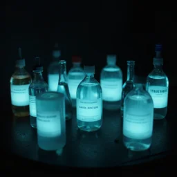a dark room with fluorescent liquids in bottles glowing in the dark