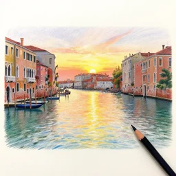 Colored pencil art on paper, Venetian port village Sunset reflecting light of the water, highly detailed, artstation, MasterPiece, Award-Winning, Caran d'Ache Luminance