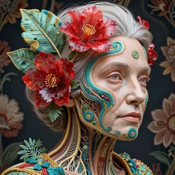 cinema 4d colorful render, organic, ultra detailed, of a old woman face. biomechanical, analog, macro lens, beautiful natural soft rim light, big leaves and large translucid red flowers, stems, roots, fine foliage lace, turquoise gold details, high fashion haute couture, art nouveau fashion embroidered,  intricate details, mesh wire, mandelbrot fractal, anatomical, facial muscles, cable wires, elegant, hyper realistic, in front of dark flower pattern wallpaper, ultra detailed