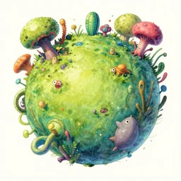 the landscape of an alien planet with strange plants and  animals. Hand drawing in the style of Miyazaki. Beautiful and colorful.